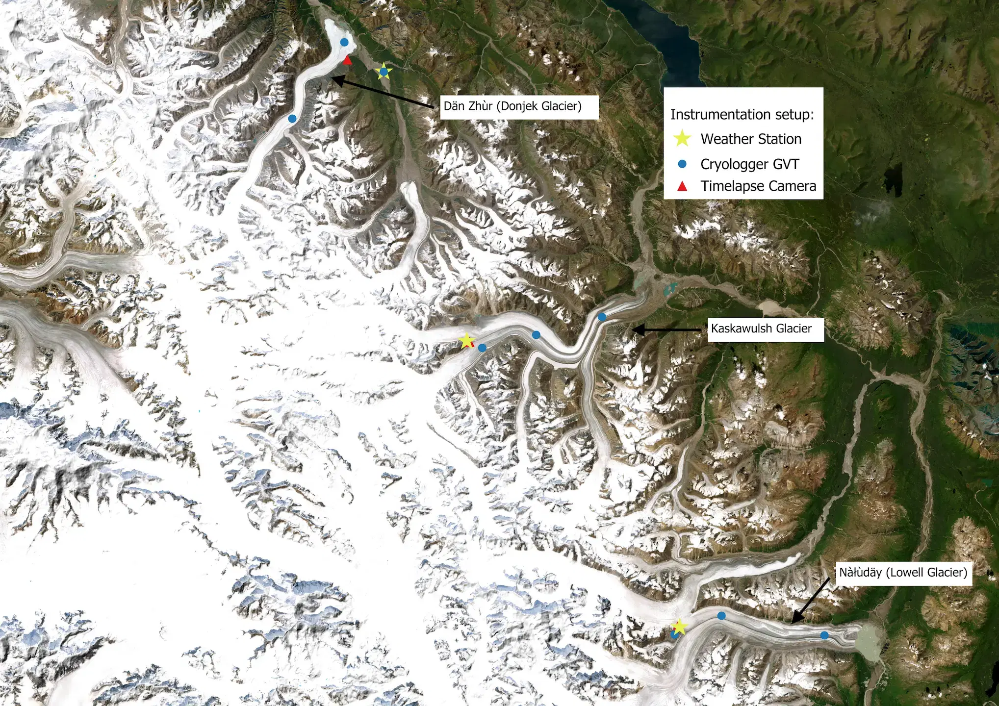 Map of research instruments in Kluane National Park and Reserve
