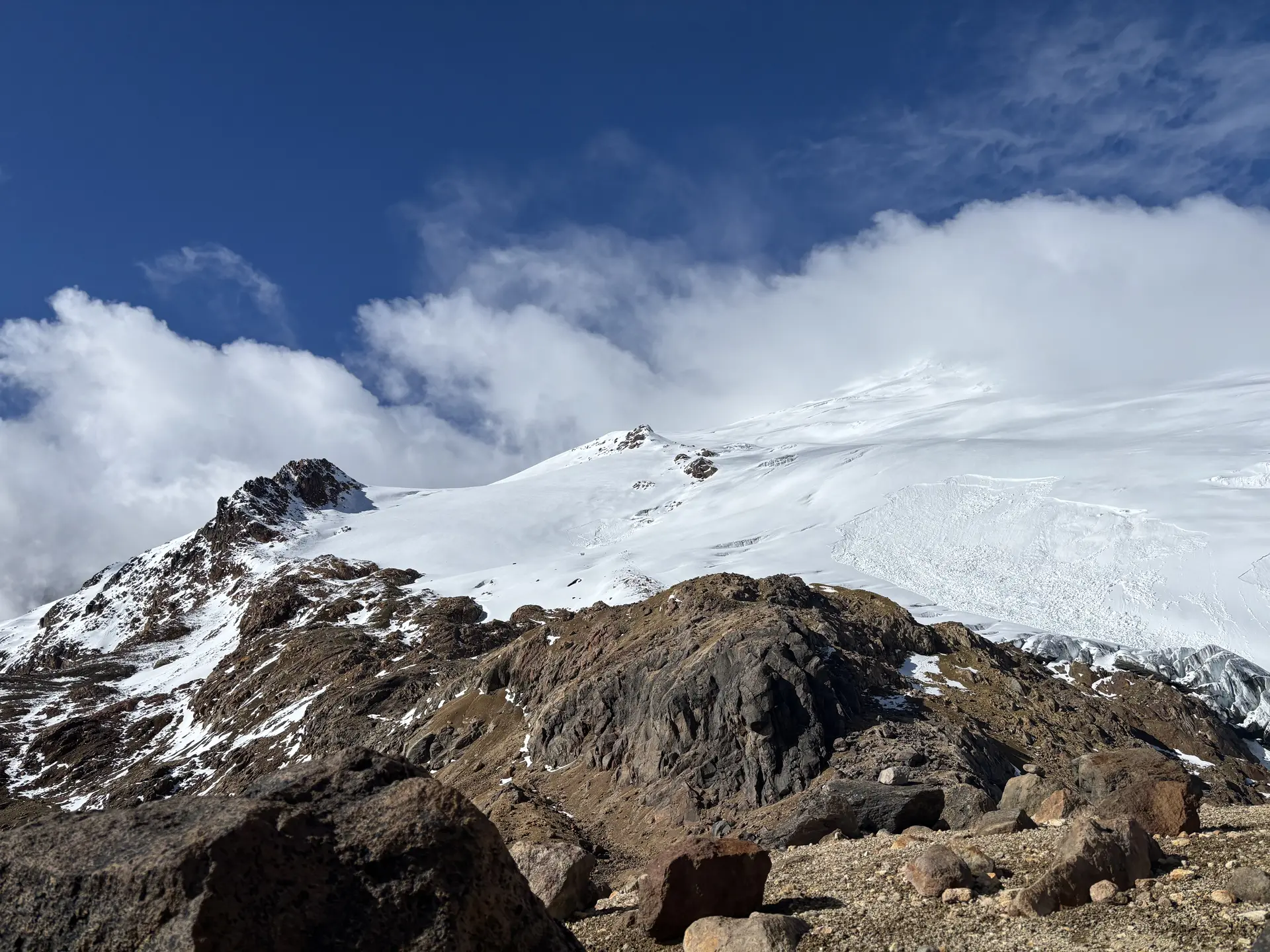 Panoramic view of Hermoso Glacier towards summit of Cayambe.