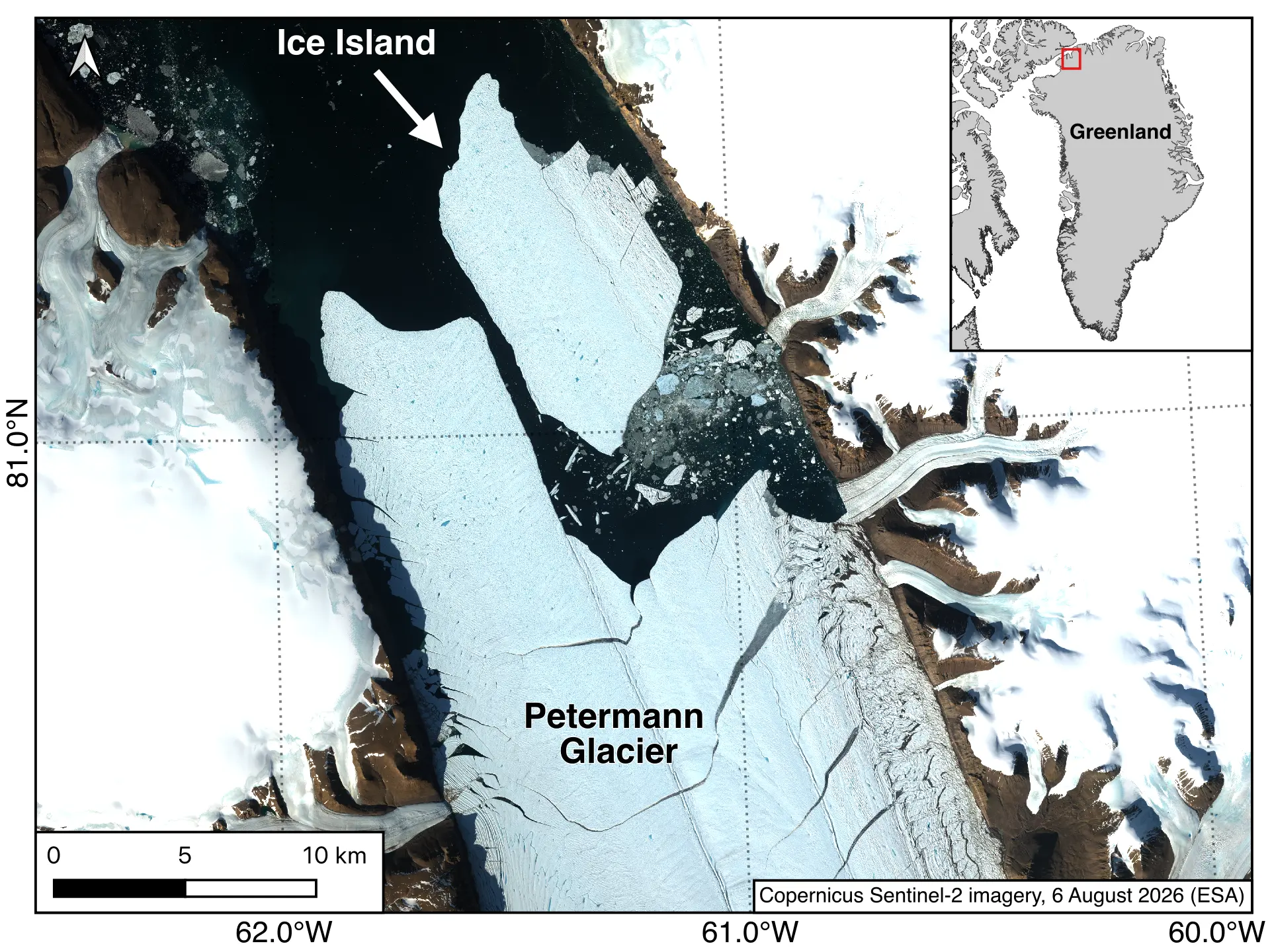 Satellite image showing Petermann Glacier and the ice island formed during the August 4, 2026 calving event