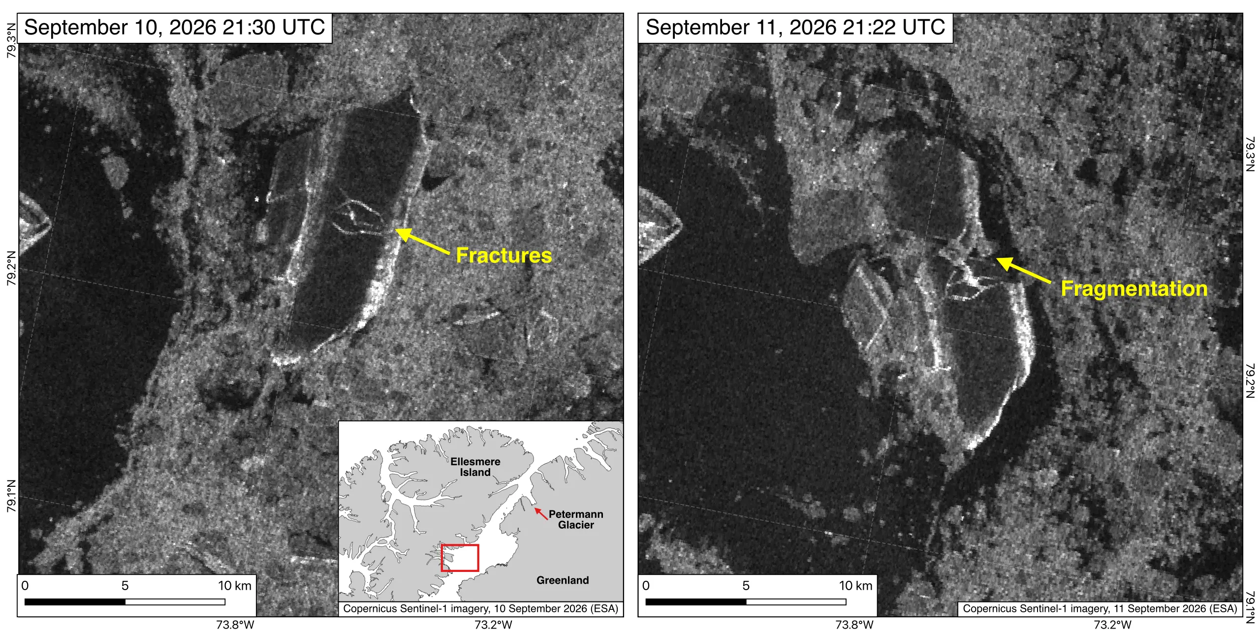 Sentinel-1 satellite imagery showing the breakup of the Petermann ice island