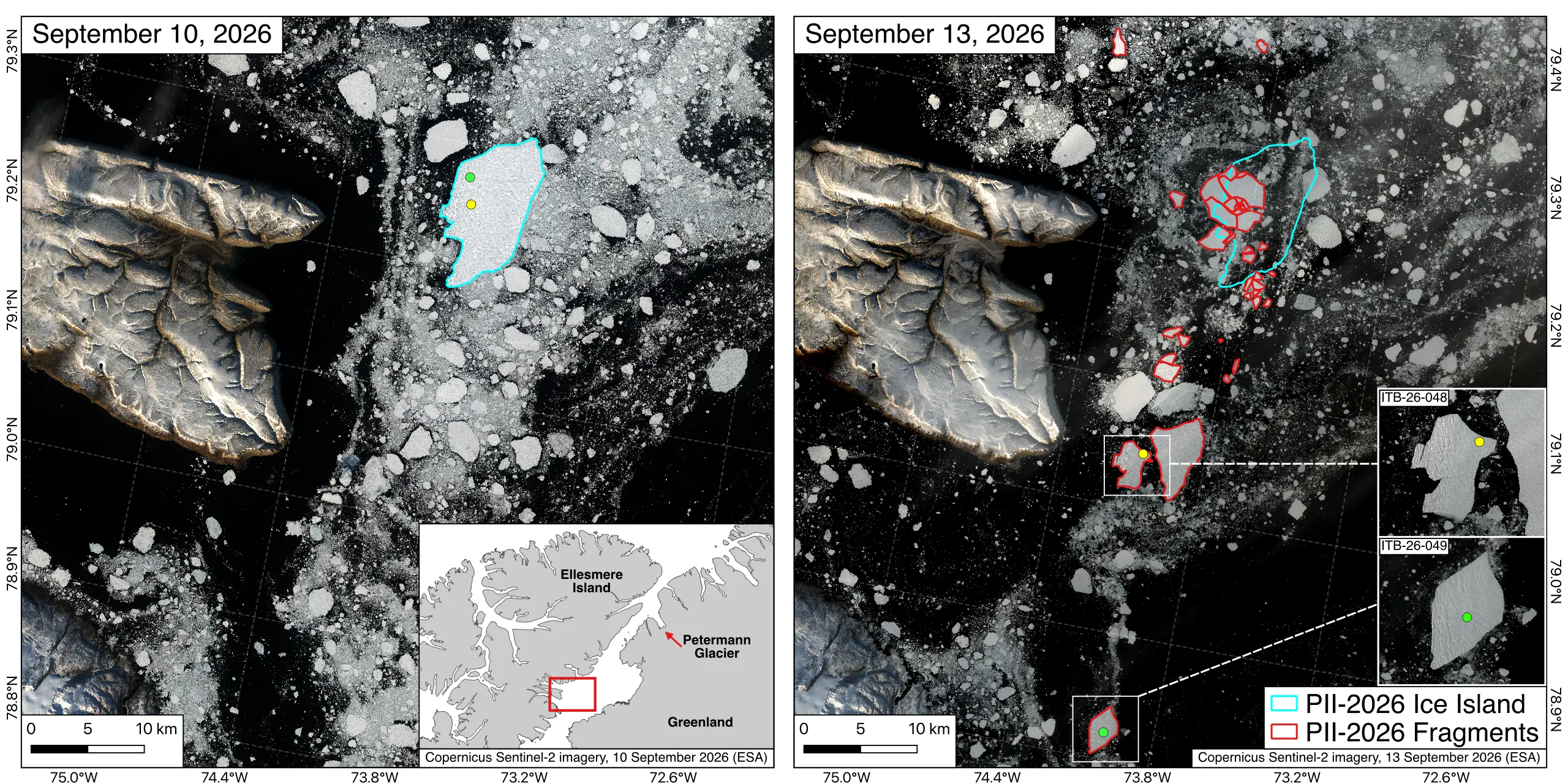 Sentinel-2 imagery showing the Petermann ice island before and after its breakup